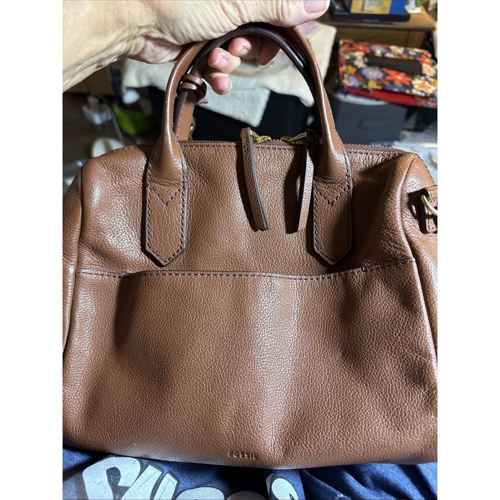 Fossil Sydney Satchel Brown Textured Leather Brass Hardware EUC